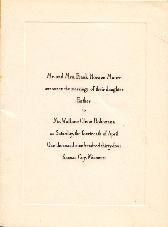 Wedding Invitation of Esther and Wallace: April 13, 1934