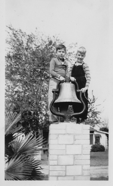 Grandfather Frank Moore was given a locomotive bell upon retirement from the Kansas City railway. It was installed at the Sharyland home, then moved to Ollie's home in Plainview TX, and finally to Grand Lake upon her death. Mom said that when it was time to move it from Sharyland, she and Wally blew apart its brick pedestal with cherry bomb fireworks. 42WDickLocoBell_jpeg.jpg