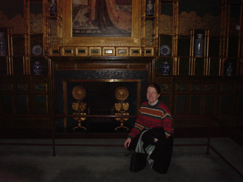 Jen at the Freer Gallery. It did not come out well in the dark space, but she loved the gold sunflower and irons and the mosaic hearth composed of a million shades of blue. We read that another designer began this project, but that when he fell ill, Whistler just took it over, repainting and reworking it until it no longer resembled the original plans. What a dick. But it was cool. DSC03327.jpg