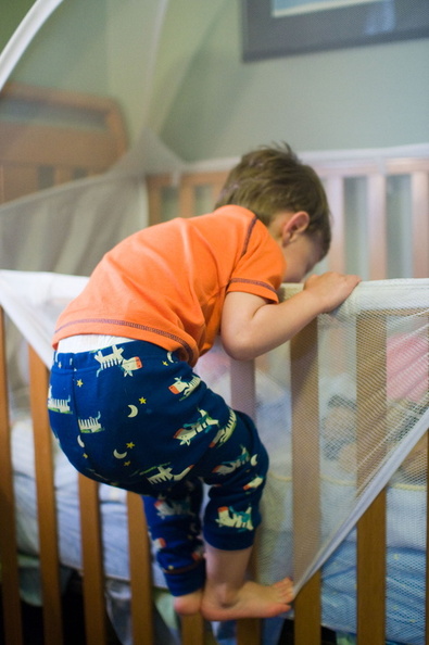 Wally climbs into the crib when the gate is lower Oh, and those pajamas, they glow in the dark! Wally picked them out at Costco. IMG_9123.jpg
